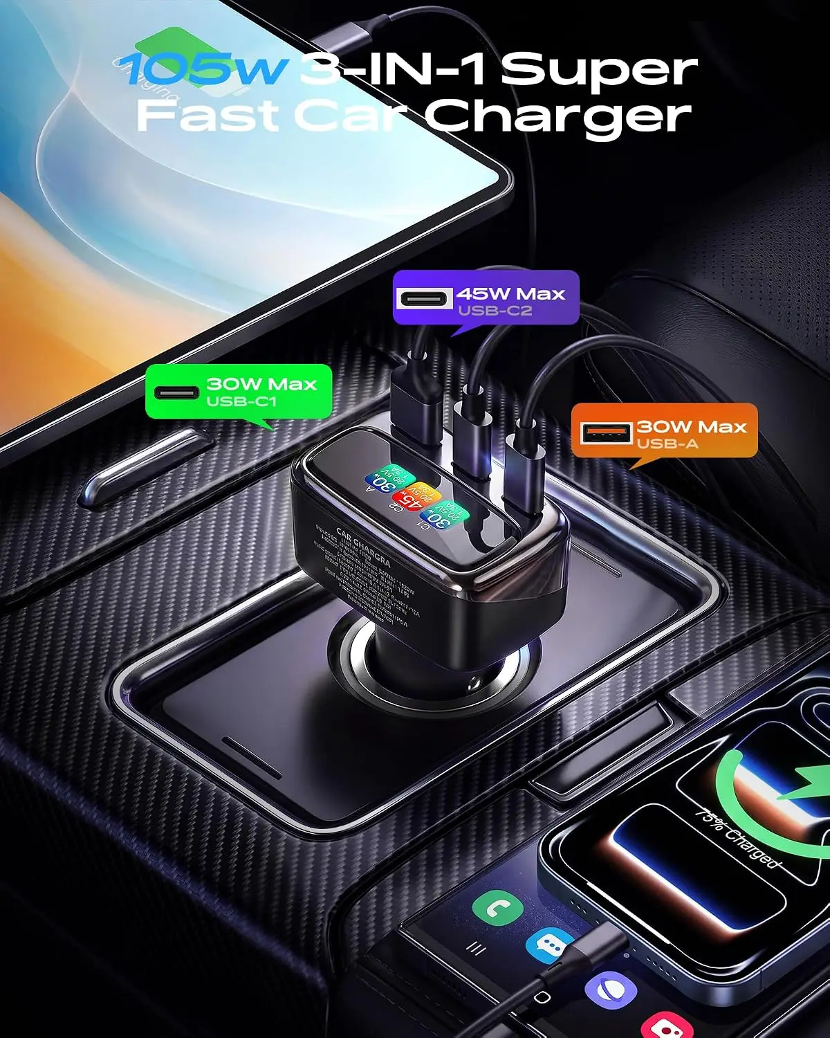 105W USB C Car Charger with Di - Travel Accessories In Car recension och pris